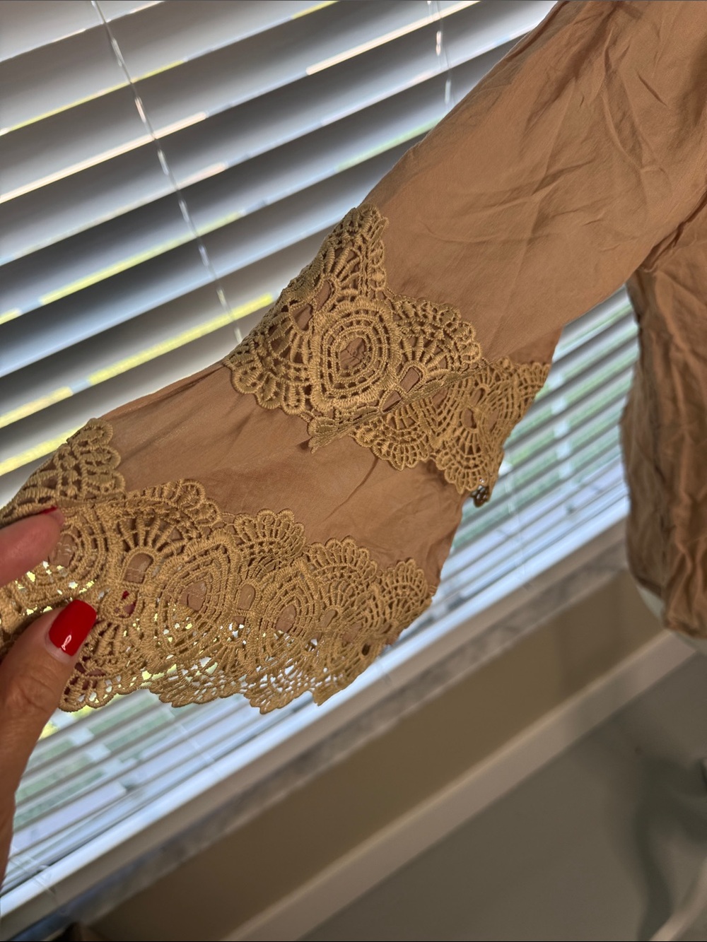 Lightweight Brown V-Neck Peasant Blouse with Embroidered Sleeves
